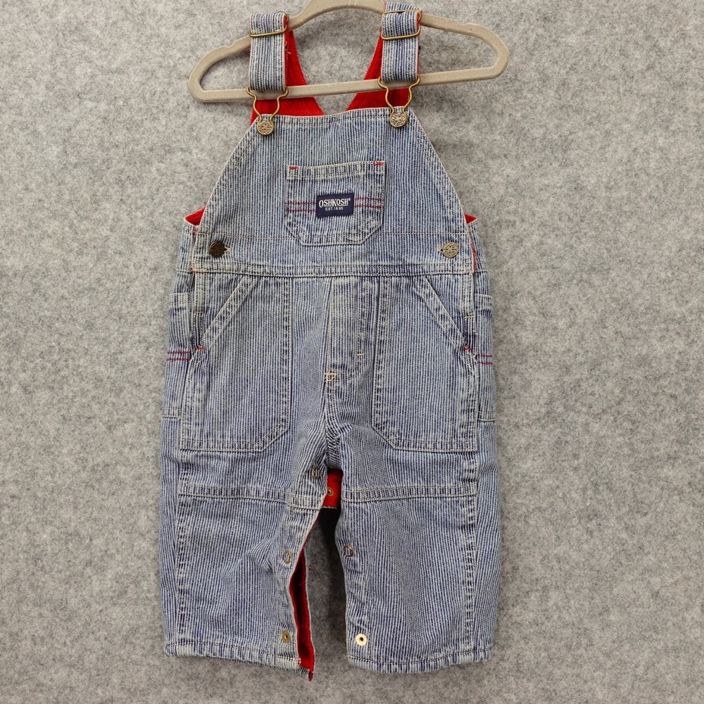 Vintage OshKosh Hickory Stripe Overalls Baby 3M 6M Blue Railroad Vestbak Fleece